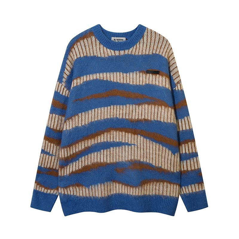 European & American Retro Striped Color Block Crewneck Sweater