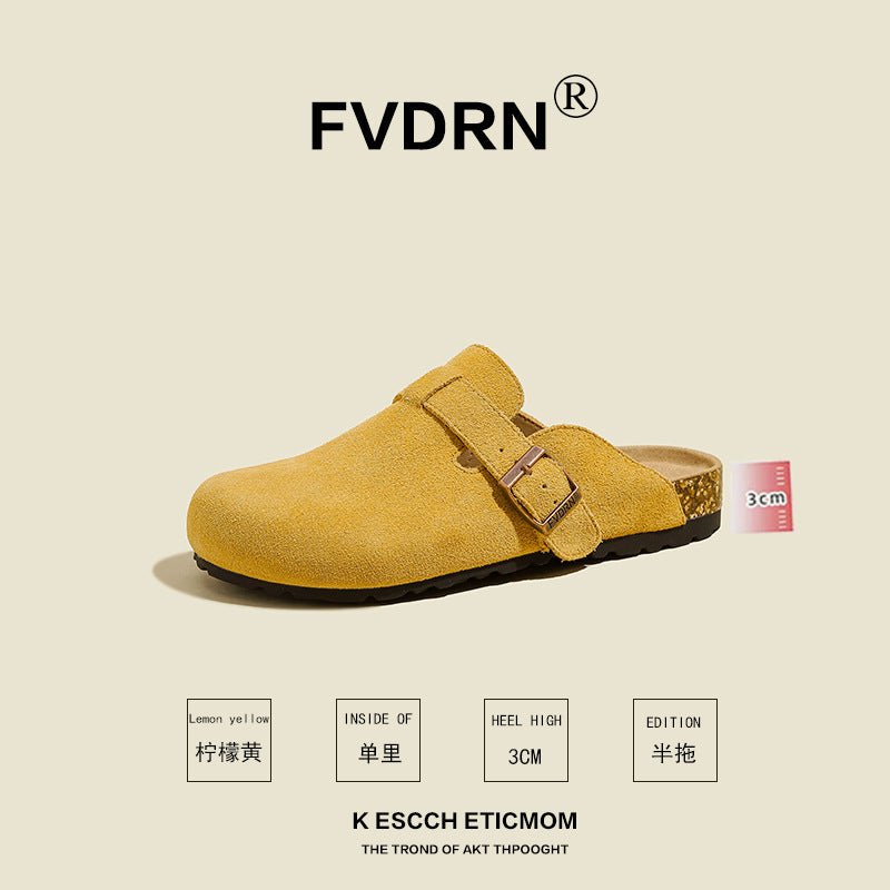 FVDRN Genuine Leather Cork Sole Clog Slippers