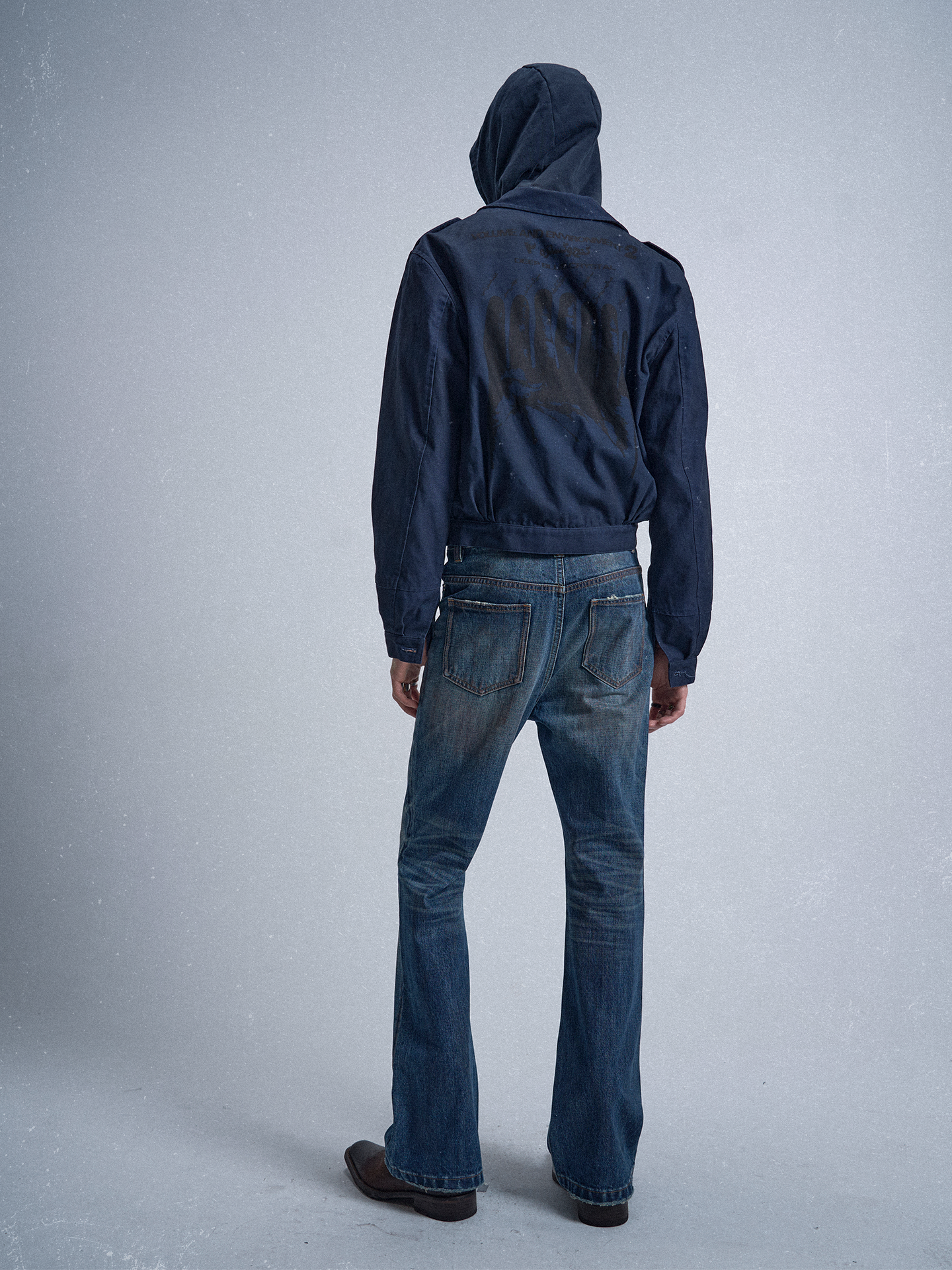 noEmosen Dirty Oil Stained Band Printed Work Jacket