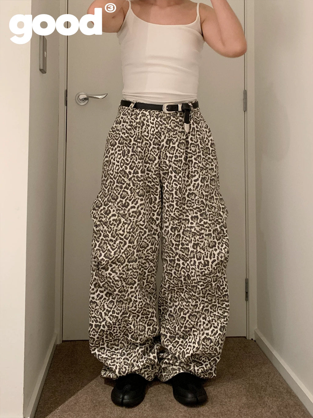 MeihaoStore Leopard Print Pocket Embroidery Wide Leg Overalls