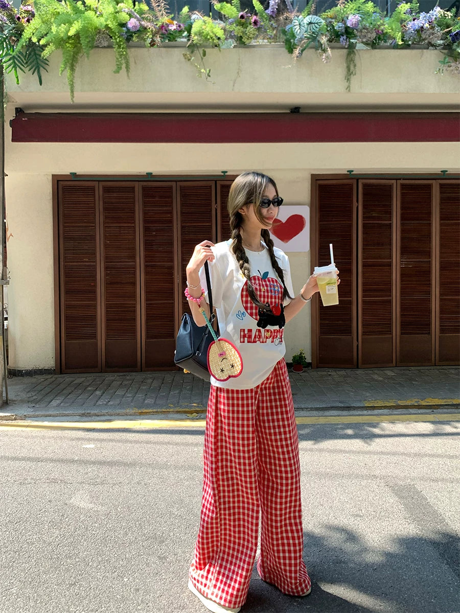 CCKOK Red Plaid Wide Leg Pants