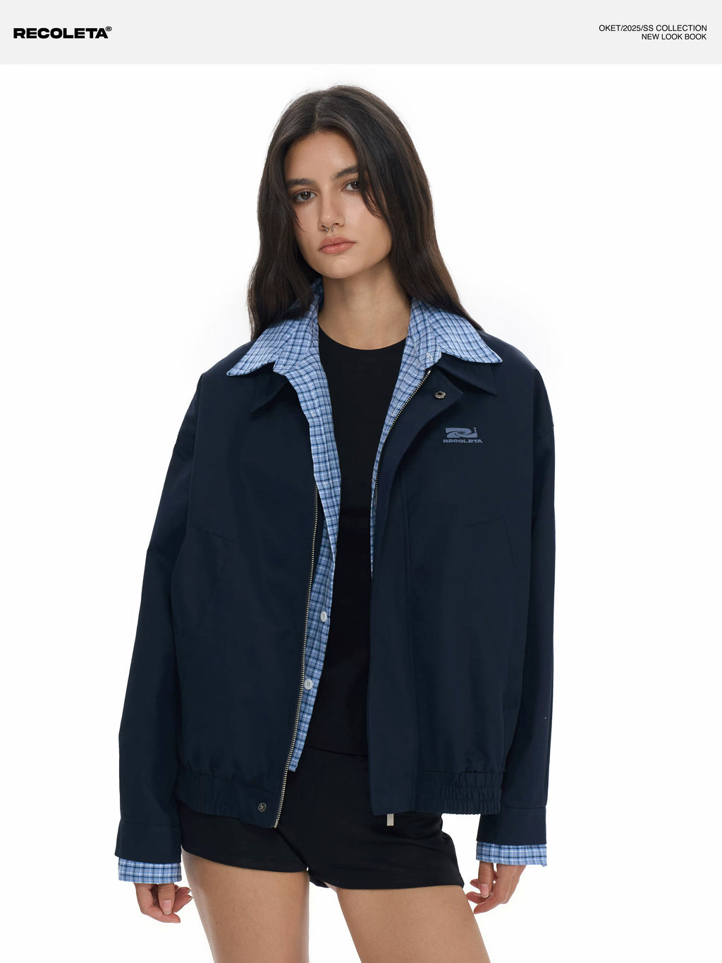 RECOLETA Plaid Spliced Fake Two Piece Cardigan Jacket