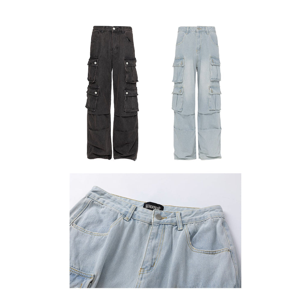 TRYTHMCLUB Vintage Wide Leg Straight Loose Multi-Pocket Jeans