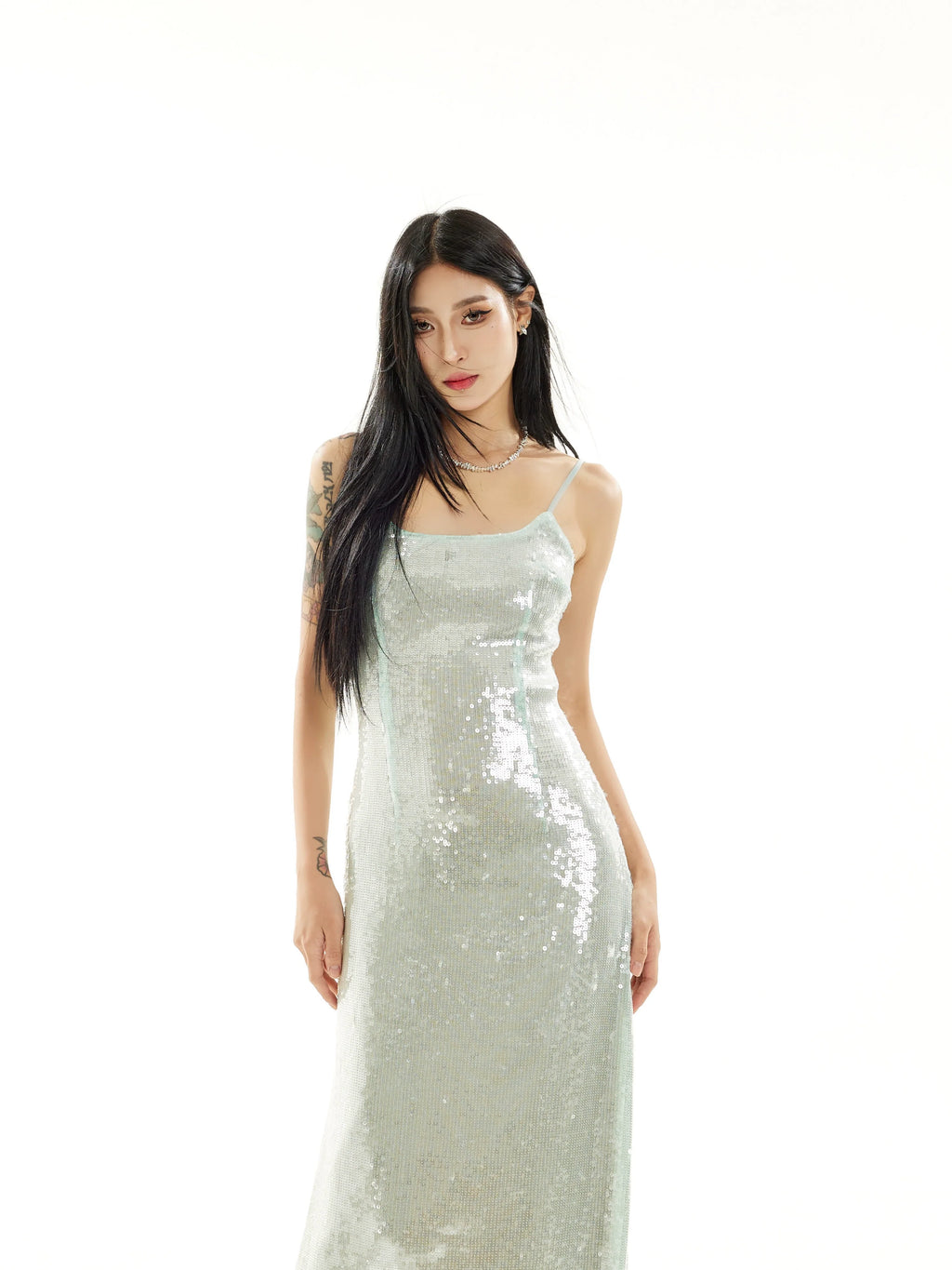 Zero Heavy Sequins Cinched Waist Slip Dress