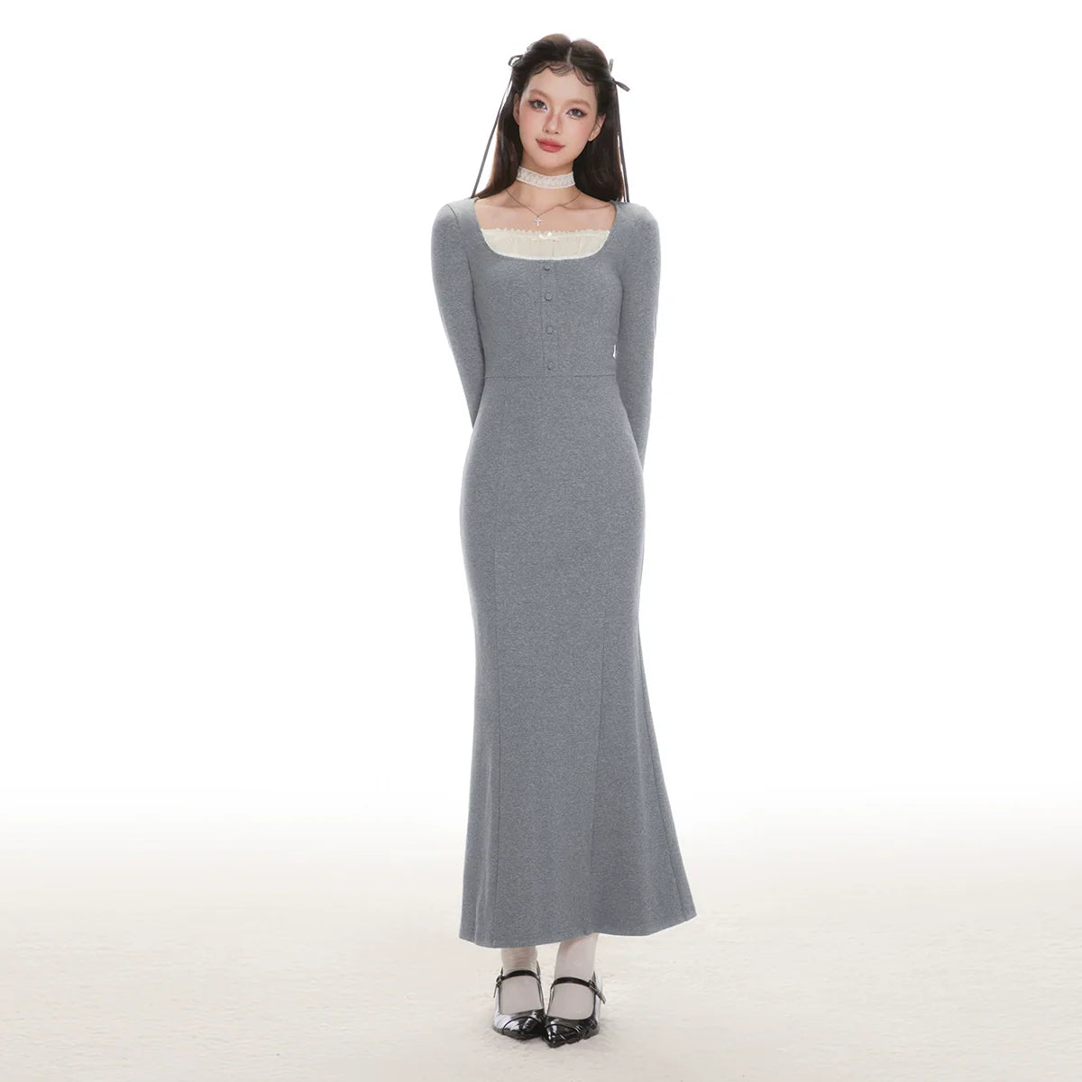 IMONE Vintage Lace Square Neck Knitted Dress