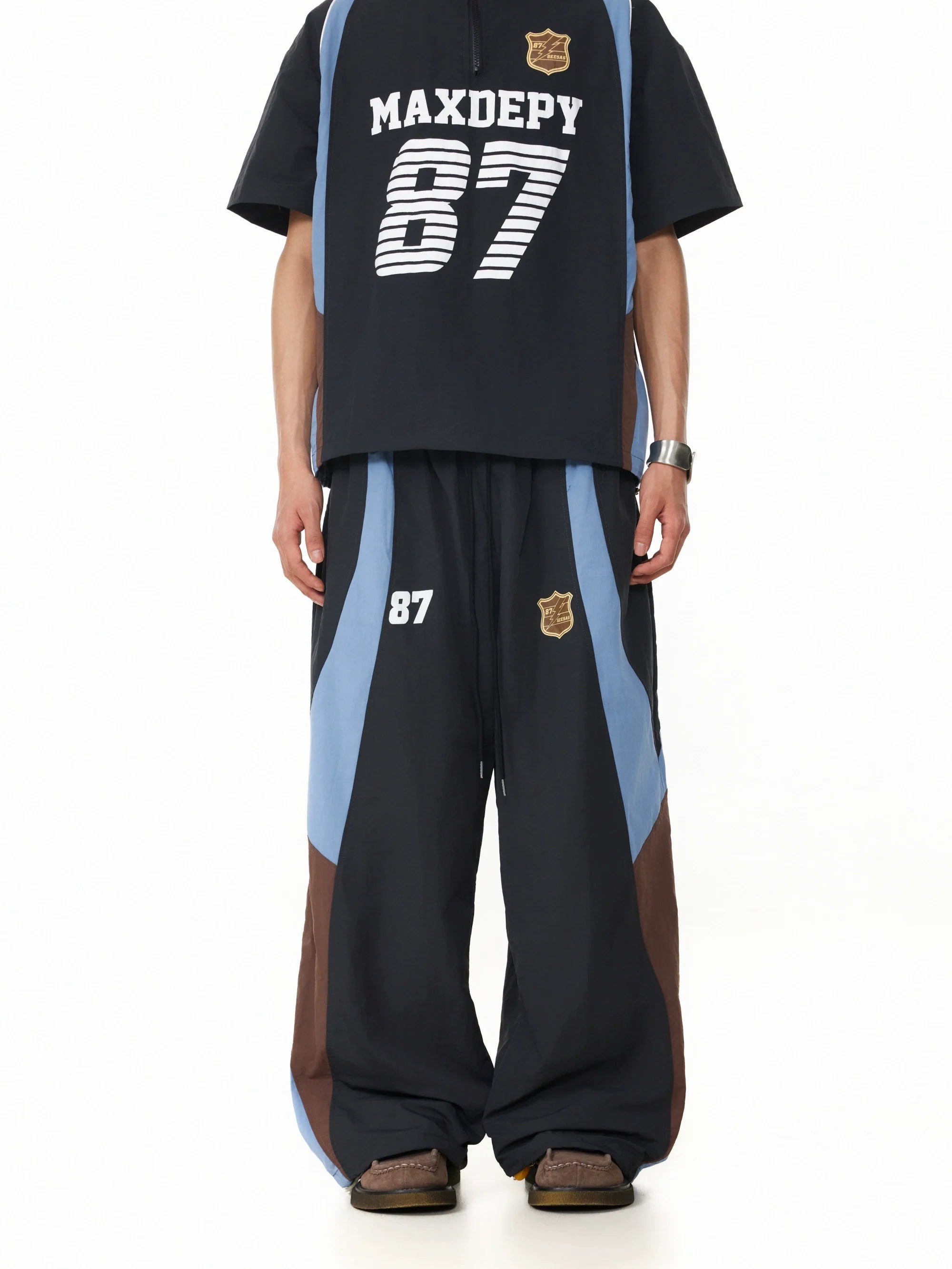 BTSG American retro badge contrasting color splicing elastic waist Pants