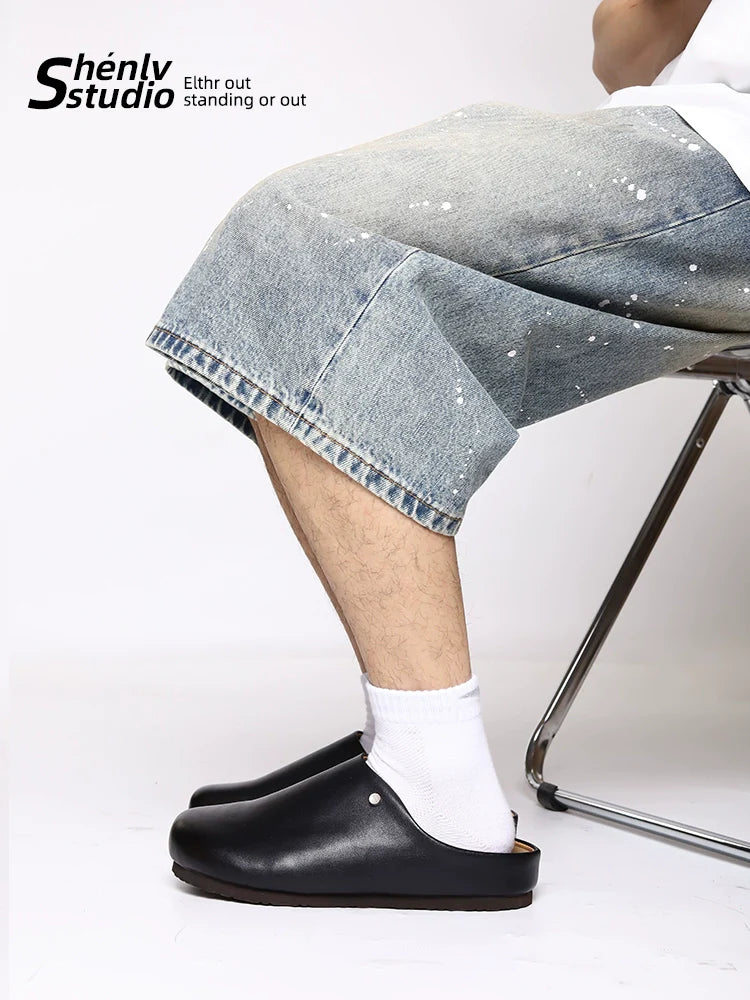 SHENLV STUDIO Black Simple Thick-bottomed Half-mop Outer Leather Slippers