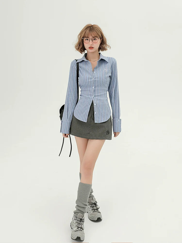 Girlyhalo College Striped Slim-Fit Shirt