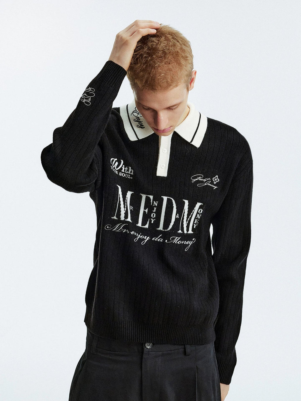 MEDM Contrasting Casual Monogram Embroidered Lapel Knit