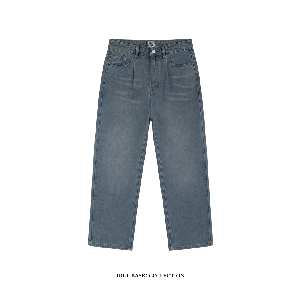 IDLT 13oz Loose Straight Single-Pleat Retro Washed Blue Wide-Leg Jeans