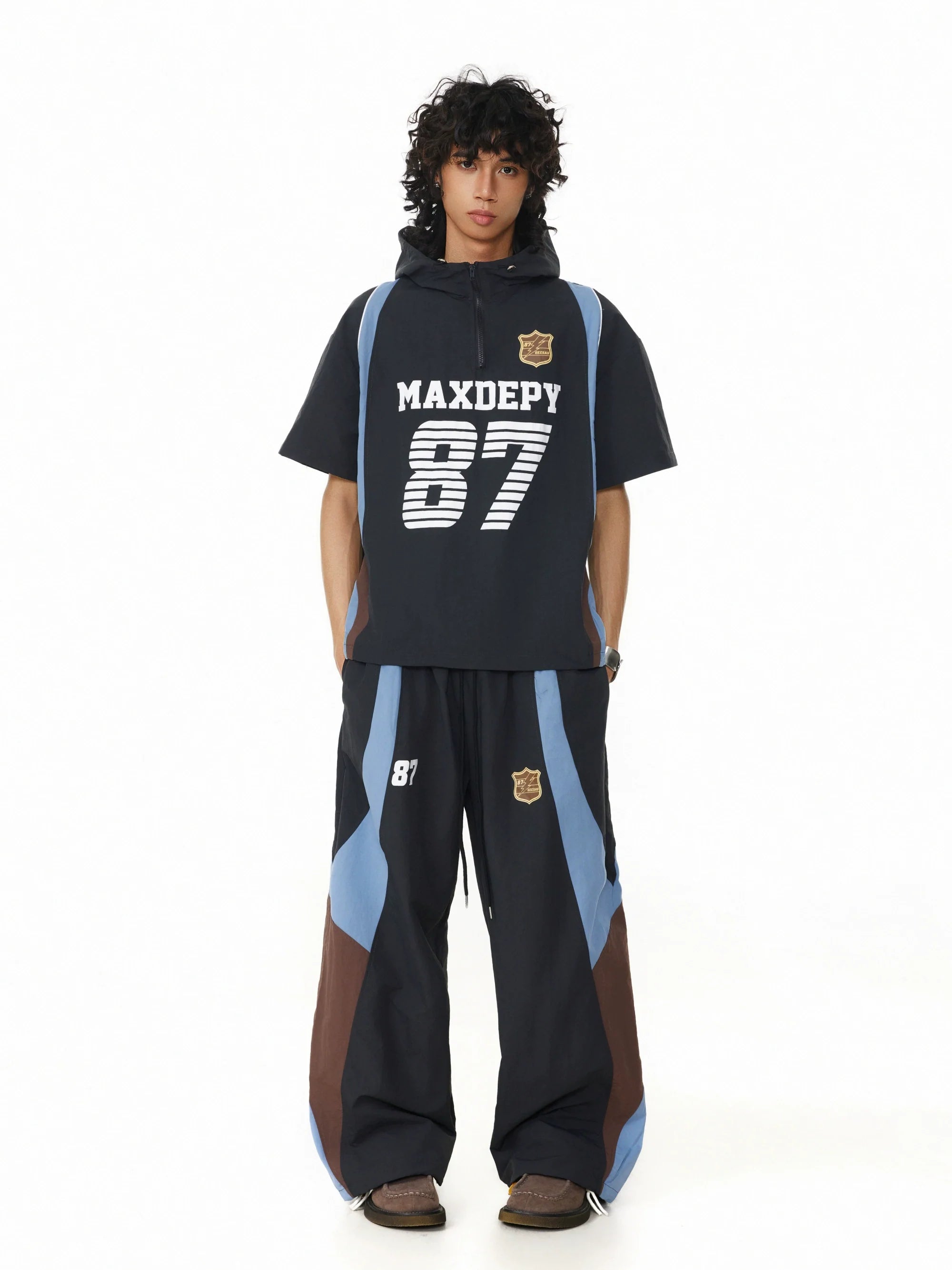 BTSG American retro badge contrasting color splicing elastic waist Pants