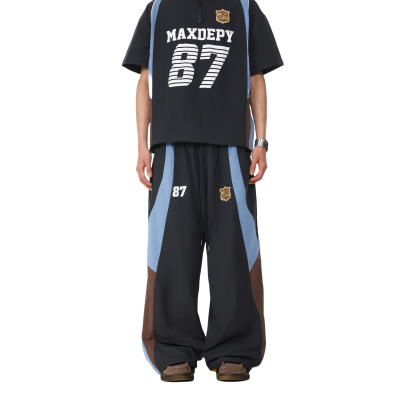 BTSG American retro badge contrasting color splicing elastic waist Pants