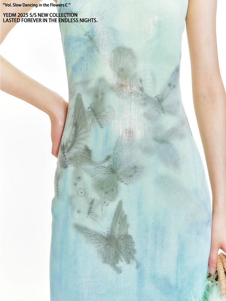 YEDM Butterfly Print Neck Fishtail Dress