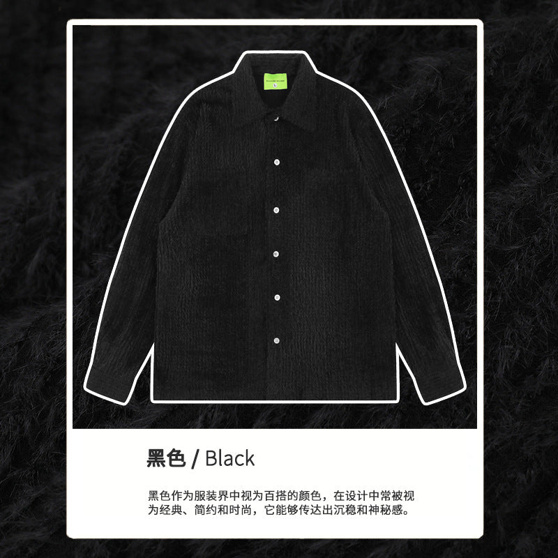 American Vertical Striped Textured Lapel Long-Sleeve Shirt