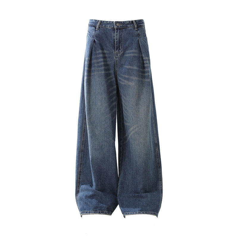 BTSG Washed Pleated Wide-Leg Jeans