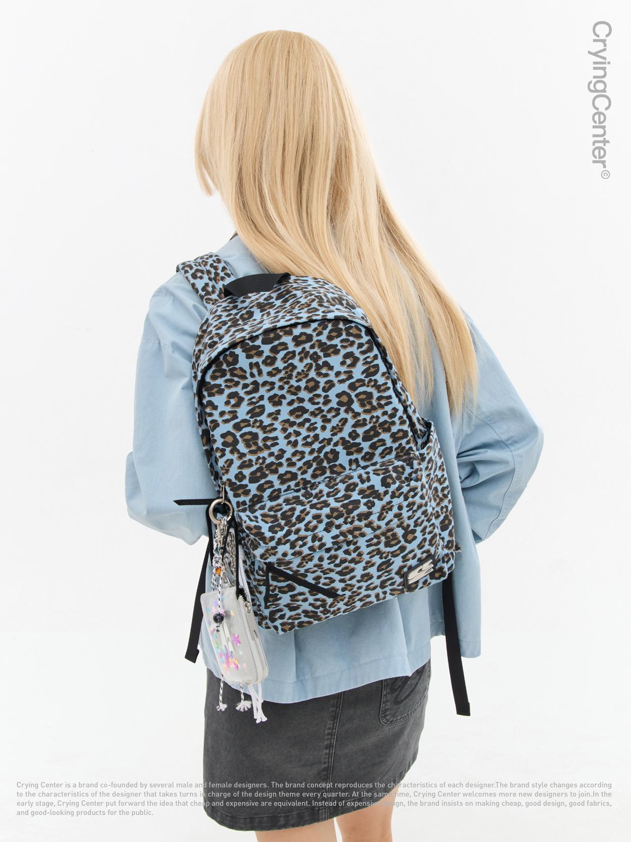 CryingCenter Blue Leopard Backpack Brown leather leopard print bag